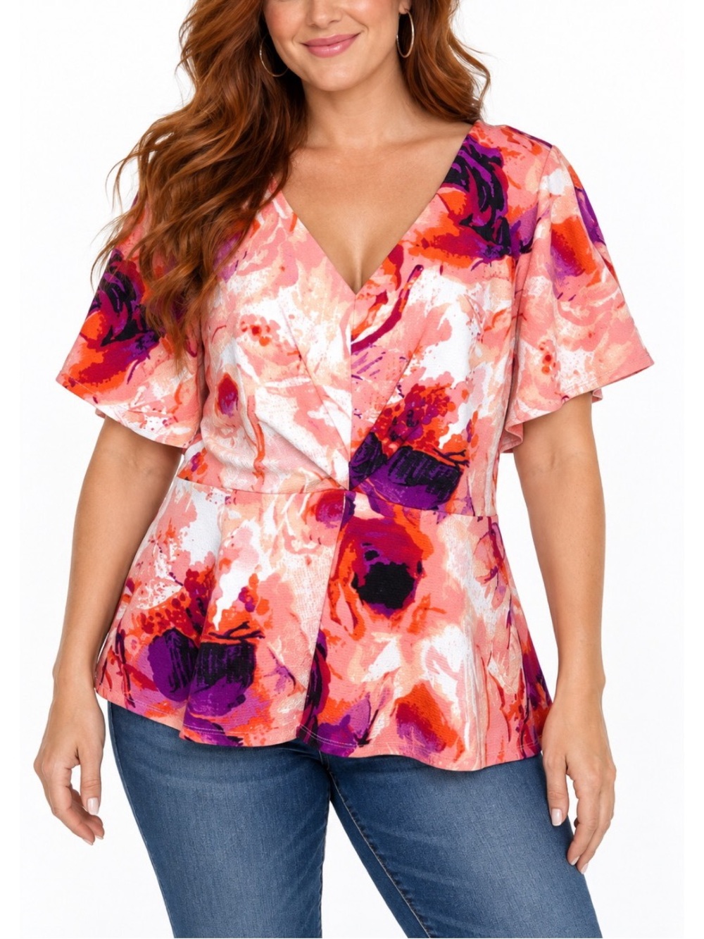 Worthington vibrant floral top, w/ V neckline for a flattering feminine look